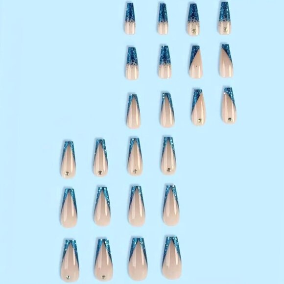 Nails Blue Glitter Gems Fake Press On 24 Sexy Glam Rhinestone Reusable Sparkle - Picture 4 of 7